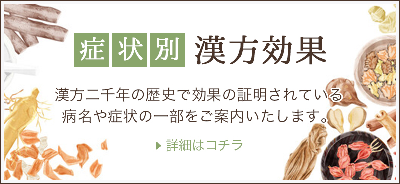 症例別漢方効果　漢方二千年の歴史で効果の証明されている病名や症状の一部をご案内いたします。